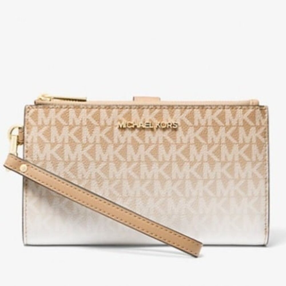 Michael Kors wristlet wallet jet set large ombré logo double zip camel